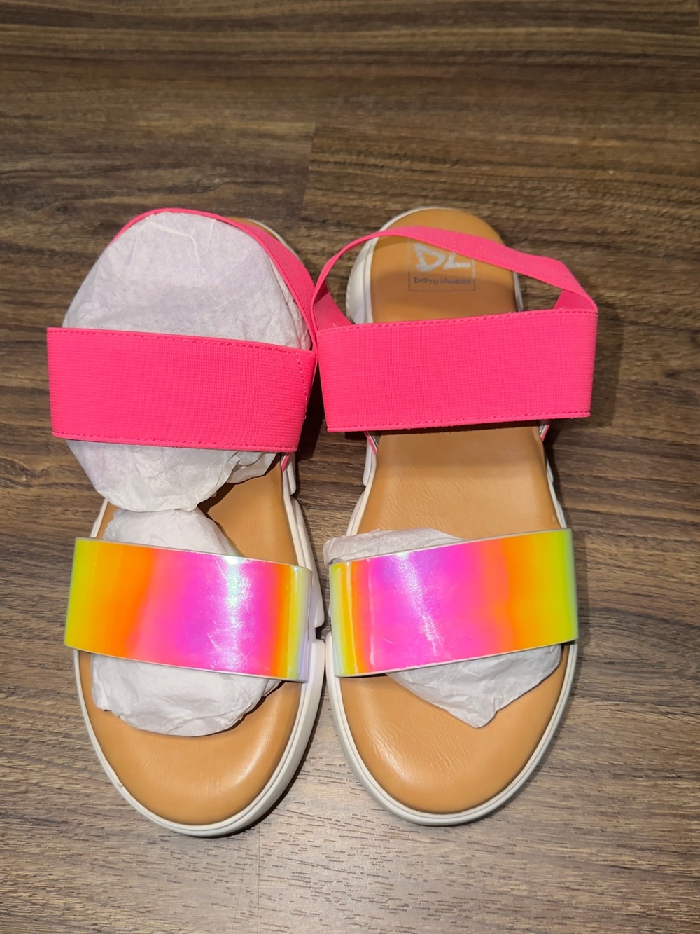 Dirty Laundry Neon Pink and Rainbow Iridescent Strap Sandals/Size 9/NWOB